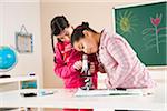 Girls Looking at Flower with Microscope in Classroom, Baden-Wurttemberg, Germany