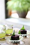 Japanese sweets and drinks on a table