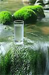 Glass of water near a mountain stream