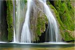 Cascade des Tufs falling over green Moss, Arbois, Jura, Jura Mountains, Franche-Comte, France