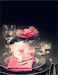 Restaurant series. Valentine' day   dinner with table setting in pink and gray  and holiday elegant  heart ornaments