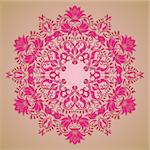Ornate round lace pattern, circle background with floral details. Vintage lace ornament.