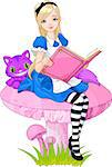 Girl dressed up like Alice in wonderland,  holding book