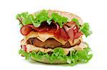 Delicious Hamburger with Bacon, Beef, Cheese, Tomato, Mayonnaise and Lettuce isolated on white background