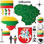 Vector set of Lithuania country shape with flags, buttons and icons isolated on white background