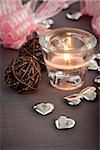 Valentines day table setting in pink and gray and holiday elegant heart ornaments