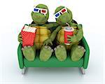 3D render of a tortoises watching a 3D Movie