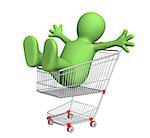 Happy puppet in shopping cart. Isolated over white