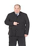 Obese businessman in a suit and tie making gesturing, isolated on white