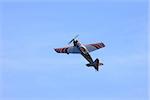 RC model airplane flying in the blue sky, closeup