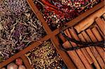 Cinnamon Sticks, Vanilla Pods and Spices close up on Wooden Box background