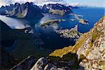 Scenic view of Lofoten islands from top of mountain Reinebringen with picturesque town of Reine and surrounding fjords