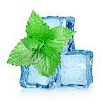 Three ice cubes and mint isolated on a white background