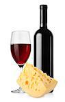 Wine bottle and dutch cheese isolated on a white background