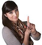 Young Asian woman pointing up with index finger