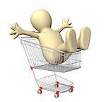 Happy puppet in shopping cart. Isolated over white