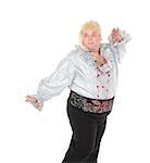 Crazy funny fat man posing wearing a blonde wig and traditional clothes, on white