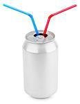 Aluminum soda can with straws isolated on white background with clipping path