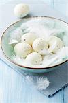 bowl of spotted easter eggs and white feathers