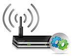 Wireless Router and gears illustration design over a white background