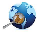 earth globe and magnify glass searching for gold illustration