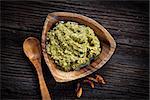 Italian cooking. Fresh pesto sauce made from basil and olive oil.