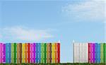 Colorful wooden fence with open gate on grass - rendering