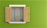 detail of a wooden window with shutters open on green wall - rendering
