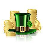 Patrick day background with gold coins and leprechaun hat
