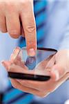 Businessman hands with futuristic transparent smartphone - with copy space