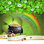 Saint Patrick's Day greeting card with pot, coins and ribbon