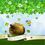 Saint Patrick's Day greeting card with pot, coins and ribbon