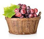 Dark blue grapes in a wooden basket isolated on white background