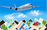 Background with airplane and with photos from holidays. Travel concept. Vector