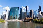 Chicago River and towers including the glass fronted 333 West Wacker Drive which follows the curve of the river, Chicago, Illinois, United States of America, North America