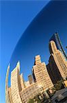 Skyscrapers reflecting in the Cloud Gate steel sculpture by Anish Kapoor, Millennium Park, Chicago, Illinois, United States of America, North America