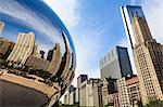 Tall buildings on North Michigan Avenue reflecting in the Cloud Gate steel sculpture by Anish Kapoor, Millennium Park, Chicago, Illinois, United States of America, North America