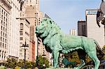 One of the two iconic bronze lion statues outside the Art Institute of Chicago, Chicago, Illinois, United States of America, North America