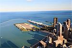 High angle view of Lake Michigan from the Hancock Center, Navy Pier and Milton Lee Olive Park in the centre, Chicago, Illinois, United States of America, North America