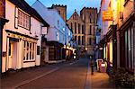 Kirkgate and The Cathedral at dusk, Ripon, North Yorkshire, Yorkshire, England, United Kingdom, Europe