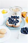 Toast with blueberries, nuts and tea