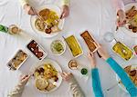 Overhead view of people at table