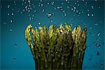 Close up of water splashing on asparagus