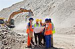 Business people and workers talking in quarry