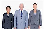 Three businesspeople standing against a white background