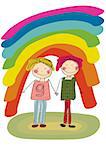 Two best friends smiling on rainbow background