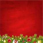 Retro Red Background And Fir Tree Garland With Gradient Mesh, Vector Illustration