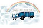 Retro van under the rainbow in cloudy sky - vector eps10 illustration