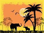 African safari theme with elephants against a grunge background, vector illustration