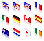 3D flag illustrations. UK, America, France, Italy, Germany, Canada, Spain, Australia, The Netherlands, Japan and Ireland